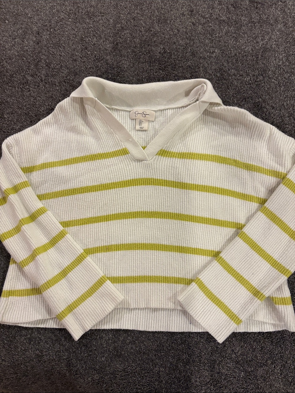Jessica Simpson White V-Neck Sweater with Lime Stripes